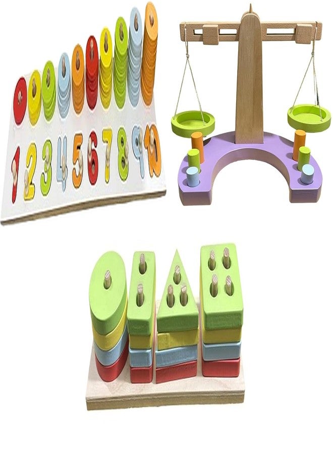 Kinder Creative Peg Number Ring Counting Set,Wooden Weighing Scale for Kids,Geometrical Column Blocks for Toddlers, Educational Puzzle and Toys for Kids Pack of 3 - Image 1